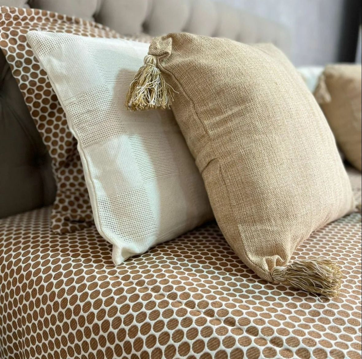 Queen Size Bedspread - Beige with Tassel Details 2.20 x 2.50m